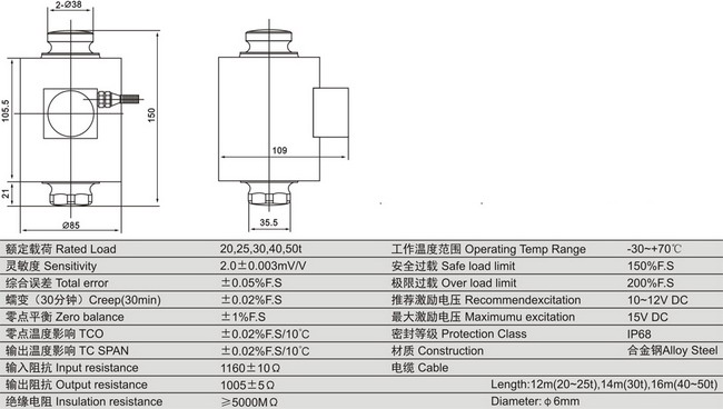 LP7138柱式稱重傳感器技術參數